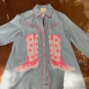 Statement Western Shirt Dress – Sequin Cowboy Boots Detail